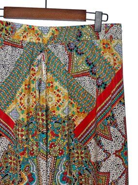 Tolani 100% Silk Multicolor Boho Print Wide Leg Drawstring Pants - Size M
